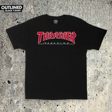 Thrasher Magazine OUTLINED SKATE MAG LOGO Skateboard T Shirt BLACK w/RED Logo