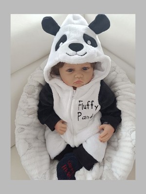 NEU Babyanzug Einteiler mit Kapuze Pandabär kuscheliger Teddyplüsch Kinderwagen