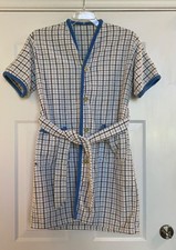 Vtg 1960's Men's Terry Cloth Robe Beachwear M Buttons Pockets Blue/White Plaid