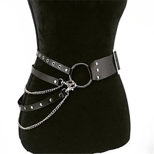 Women Gothic Punk Waist Belt PU Leather Chain Ring Silver Buckle Black Jeans
