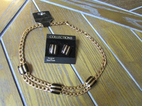 VINTAGE DEMI PARURE 1970'S black /gold enameled necklace earring set-Mont. wards