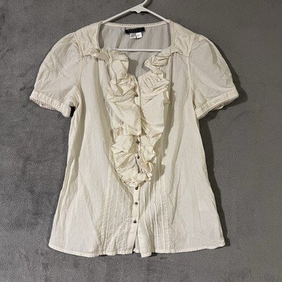 PERUVIAN CONNECTION Ruffle Front Blouse Cream Womens Sz S Puff Sleeves Dainty *