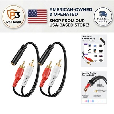 Bidirectional 3.5mm Female to 2 RCA Audio Cable - Gold Plated, 8 Inch, 2-Pack
