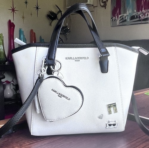 Karl Lagerfeld Paris White/Black Satchel Top Handle Zip Crossbody Heart Charm
