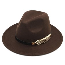 Brown Wide Brim Fedora Hat, Gold Leaf Band, Stylish Unisex Felt Panama Jazz Cap