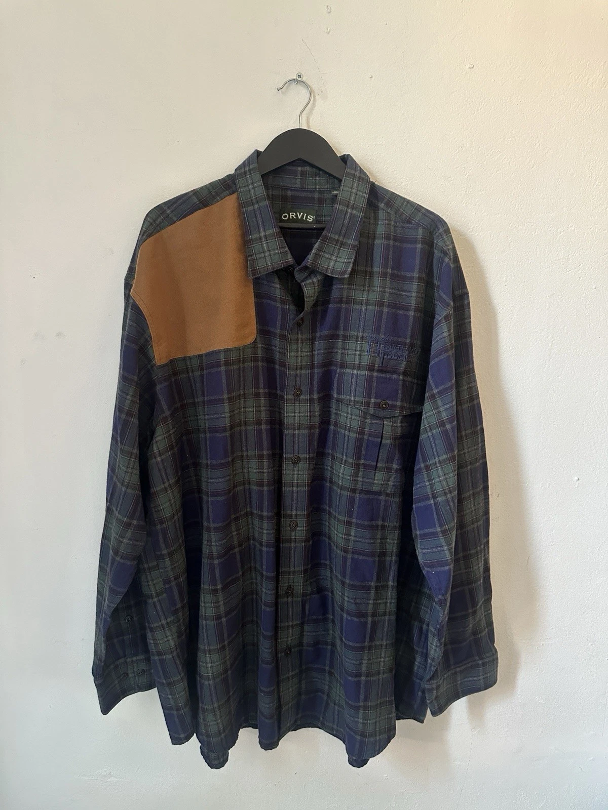 Orvis Flannel Shirt Mens XXL Plaid Hunting Shooting Patch Button Up Outdoor