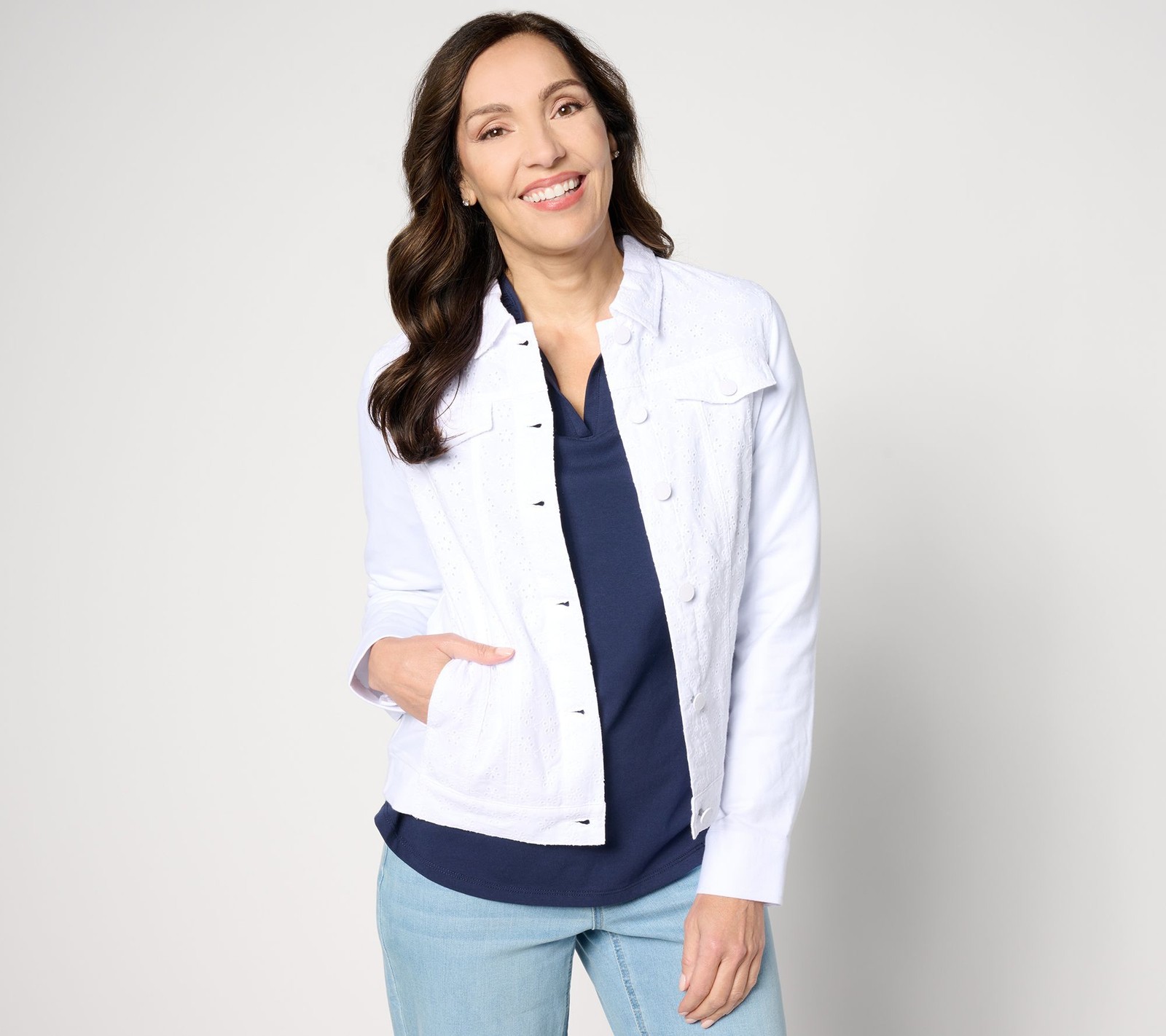 Belle by Kim Gravel Women's Plus Sz Jacket 1X Eyelet with Knit White A637451