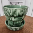Vtg McCoy Pottery Green Basketweave Planter Pot 4” Tall  w/Attached Saucer