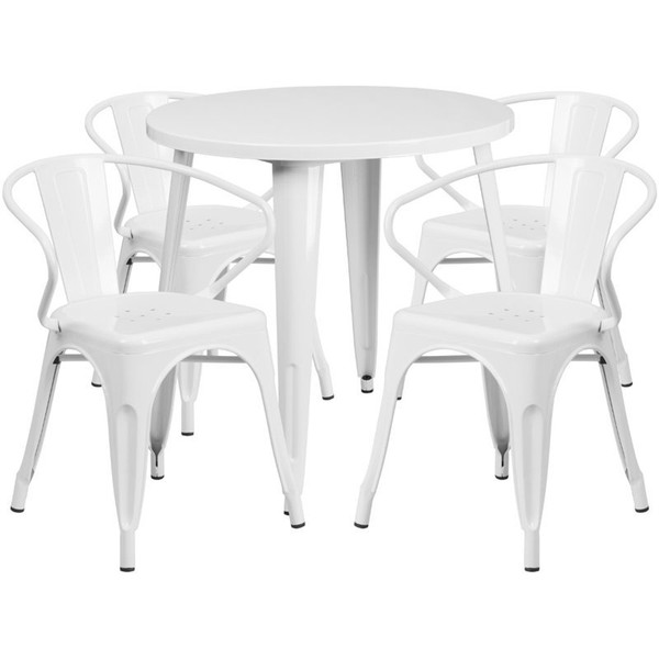 30in Round White Metal Indooroutdoor Table Set With 4 Arm Chairs for