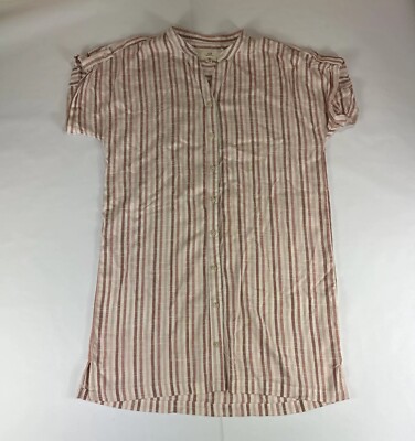 Thread Supply Linen Shirt Women L Desert Rose Red Striped Short Sleeve Button Up