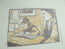 22074 Lineolschnitt G&uuml;nter Johne Dresden Kind lesend 35x25cm nicht signiert