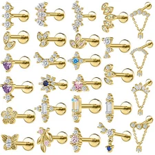 16G Stainless Steel Gold Labret Stud CZ Lip Helix Conch Tragus Piercing Jewelry