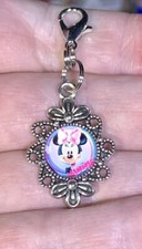 Silver Minnie Mouse Glass Charm Zipper Pull Keychain Add On Clip