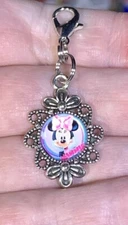 Silver Minnie Mouse Glass Charm Zipper Pull & Keychain Add On Clip!!