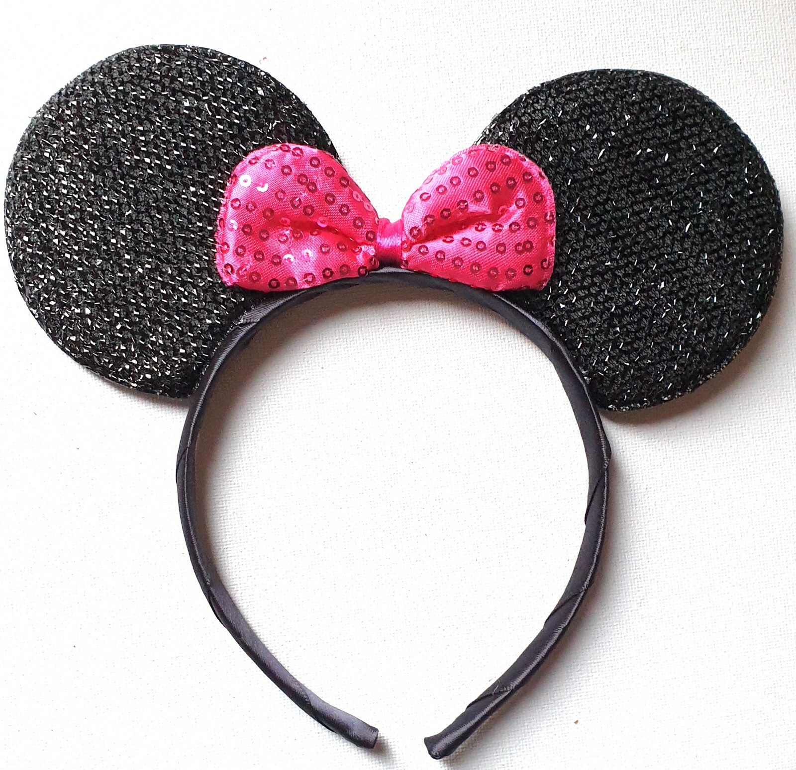 NEW Sparkly Black Mouse Ears Pink Sequin Bow Headband Fancy Dress Child Adult UK