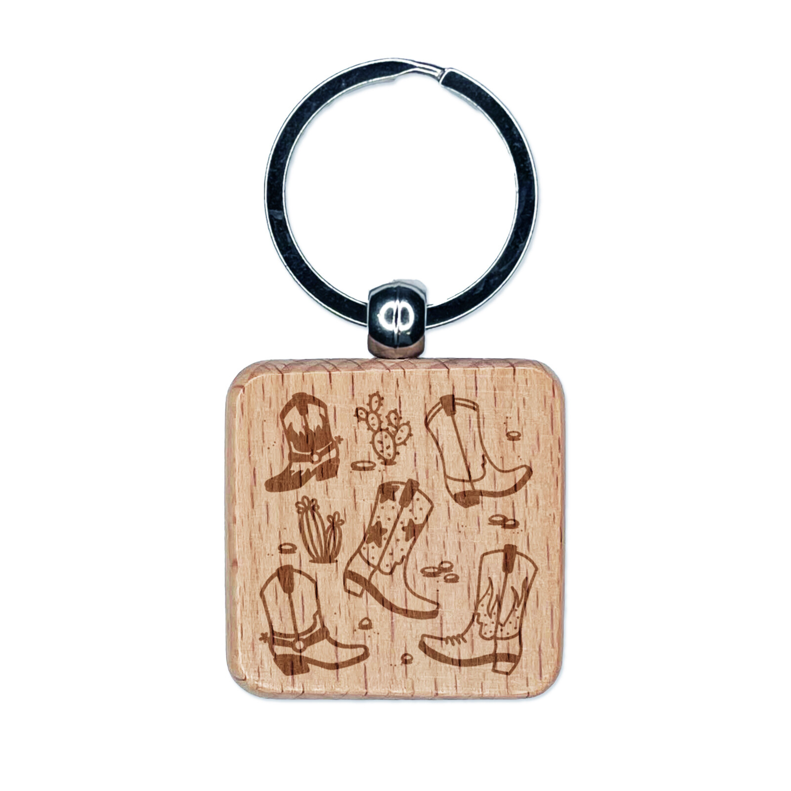 Western Cowboy Boots Engraved Wooden Keychain Charm with Square Tag  