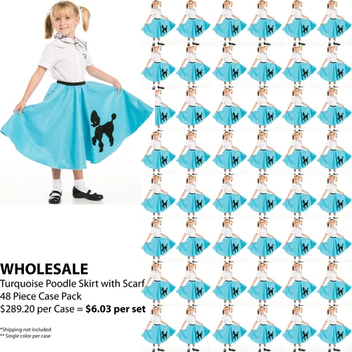 Turquoise Poodle Skirt for Youth Girls with Scarf ~ WHOLESALE 48 Piece Case Pack