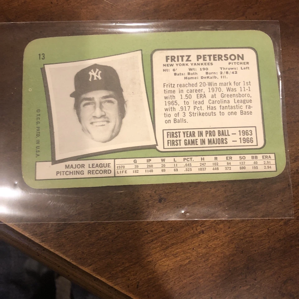 1971 Topps Super Fritz Peterson New York Yankees Baseball Card # 13 - Image 3 of 3