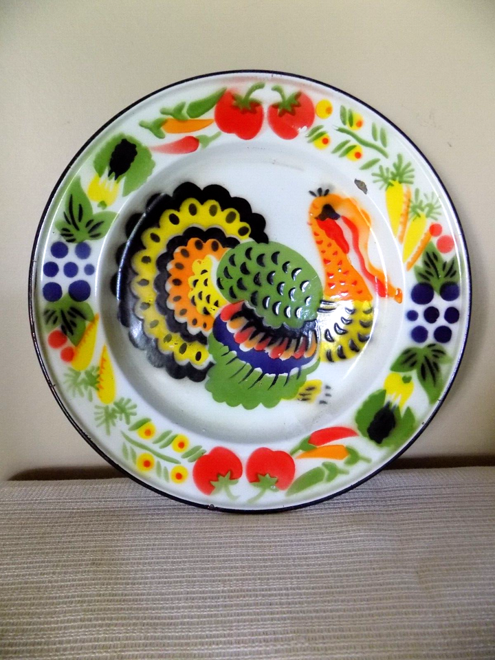 Vintage 1960’s Turkey Enamelware Enamel Metal PLATES Thanksgiving