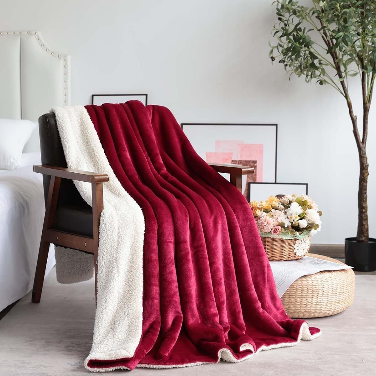 Christmas Sherpa Fleece Throw Blanket 150cm x 200cm Warm Fluffy Burgundy  Red