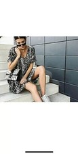 ZARA ECRU BLACK FLOWING SNAKESKIN PRINT V-NECK SHORT SLEEVE DRESS SIZE XS