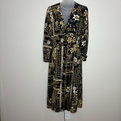black and gold dress zara Zara Long Sleeve Chain Floral Print Large Button V Neck dress black gold  size XS