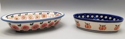 2 Ceramika Wiza Boleslawiec Polish Pottery Floral/Blue Dot Squash Oval Bowls