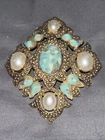 Sarah Coventry Vintage Brooch Pin Costume Jewelry Gold Turquoise Pearls Signed