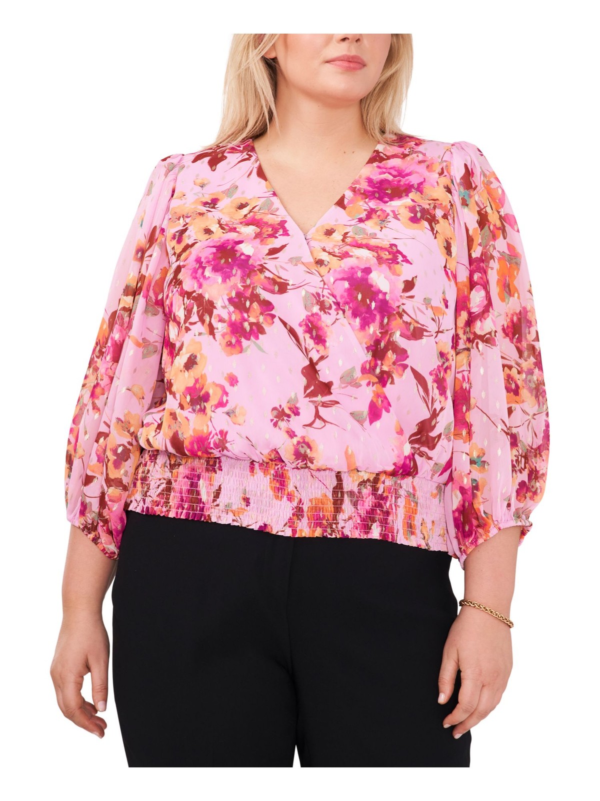 MSK Women's Pink Floral Smocked 3/4 Sleeve V-Neck Top Plus Size 2X
