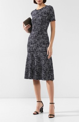 Oscar de la Renta Midi Dress Wool Blend Marled Dark Navy Blue White Print M NWOT