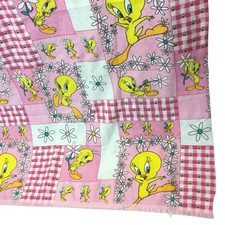 1997 Warner Bros. Tweety Pink Gingham Blanket 72 X 88 Satin Trim Looney Tunes