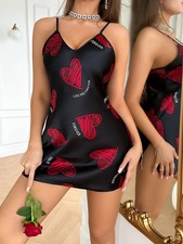 Red Lip Print Satin Slip Nightdress Sexy Silk Feel Nightie Women UK