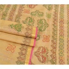 Sanskriti Vintage Beige Sarees 100 Pure Silk Painted Craft Sari 5 Yard Fabric