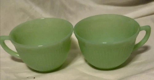 1950s Anchor Hocking Fire King Ribbed Jane Ray Jadeite 2 tea coffee cups