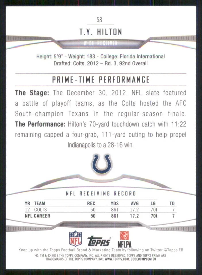 2013 Topps Prime #58 T.Y. Hilton Indianapolis Colts 3259 - Image 2 of 2