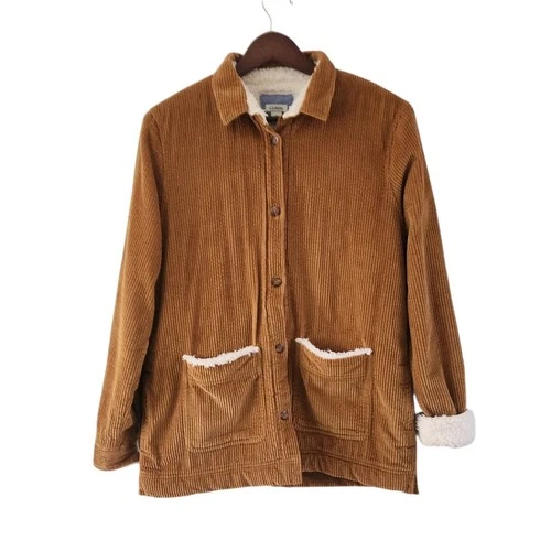 LL Bean Corduroy Saddle Brown Sherpa Lined Button Shacket Jacket Chore Womens S