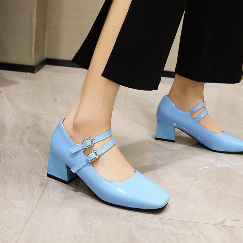 New Women Square Toe Buckle Strappy Mary Janes 5cm Heel Pu Leather