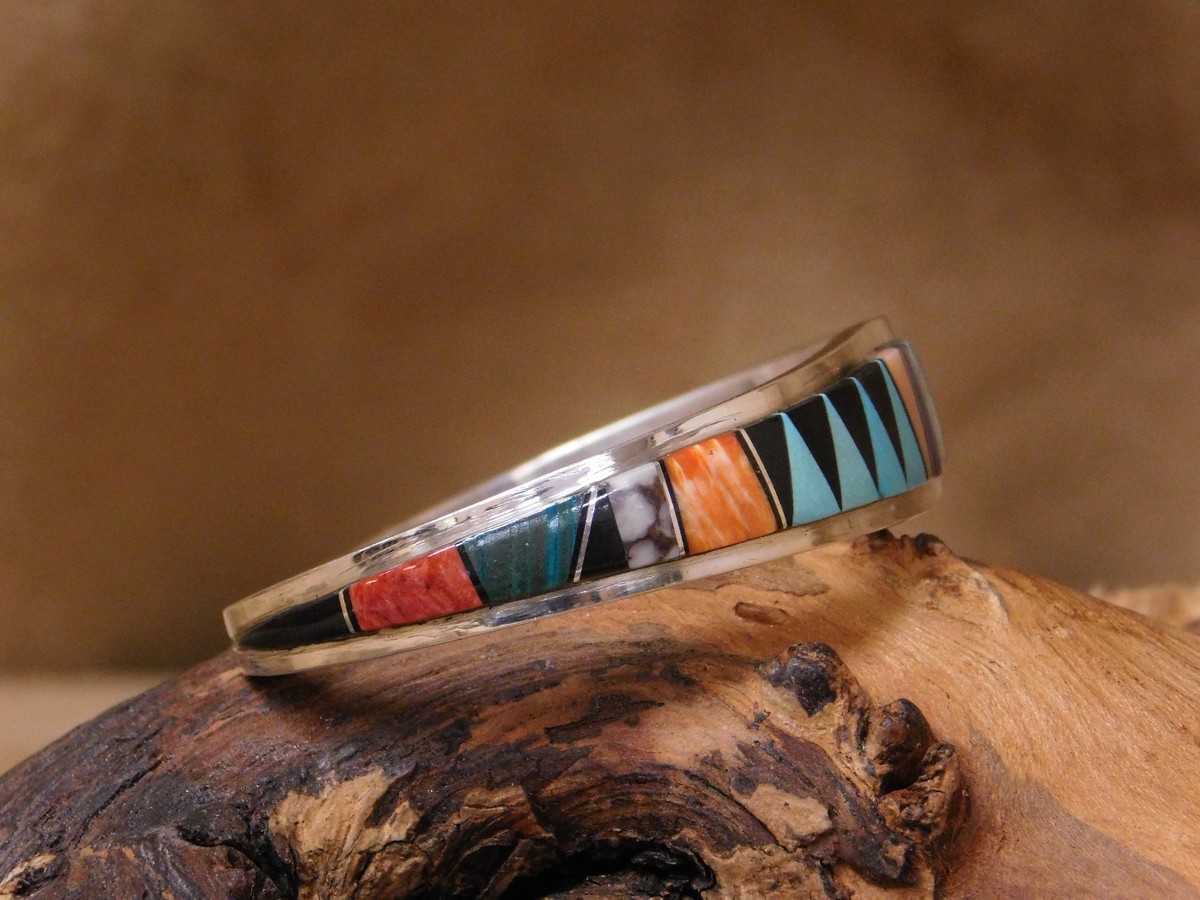 Sterling Silver Multi-Stone Inlay Cuff Bracelet by Lee McCray | eBay