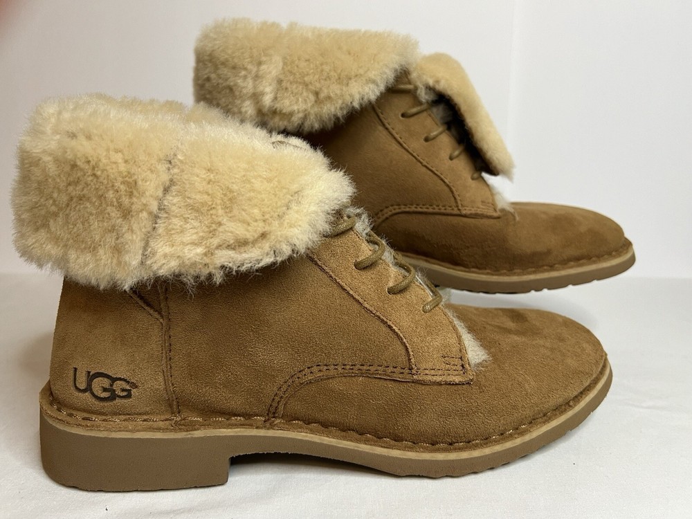 Ugg quincy lambs wool fur tan boot booties roll and snap back NEW women's 9.5