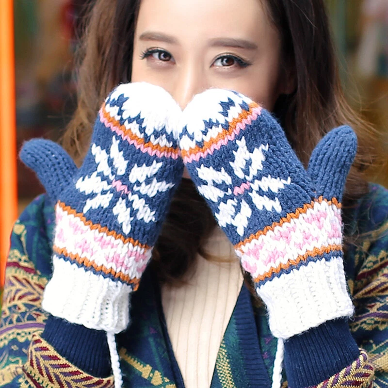 BomHCs Jacquard Patchwork Women Warm Thick Mittens Handmade Knitted Gloves