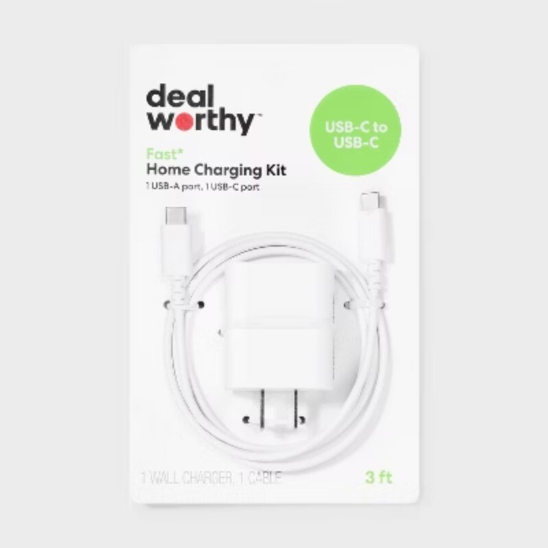 25W Dual USB-C Wall Charger with 3ft Cable - Dealworthy White