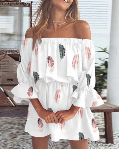 Women Off Shoulder Mid Sleeve Floral Dress Summer Casual Holiday Mini Dress  | eBay