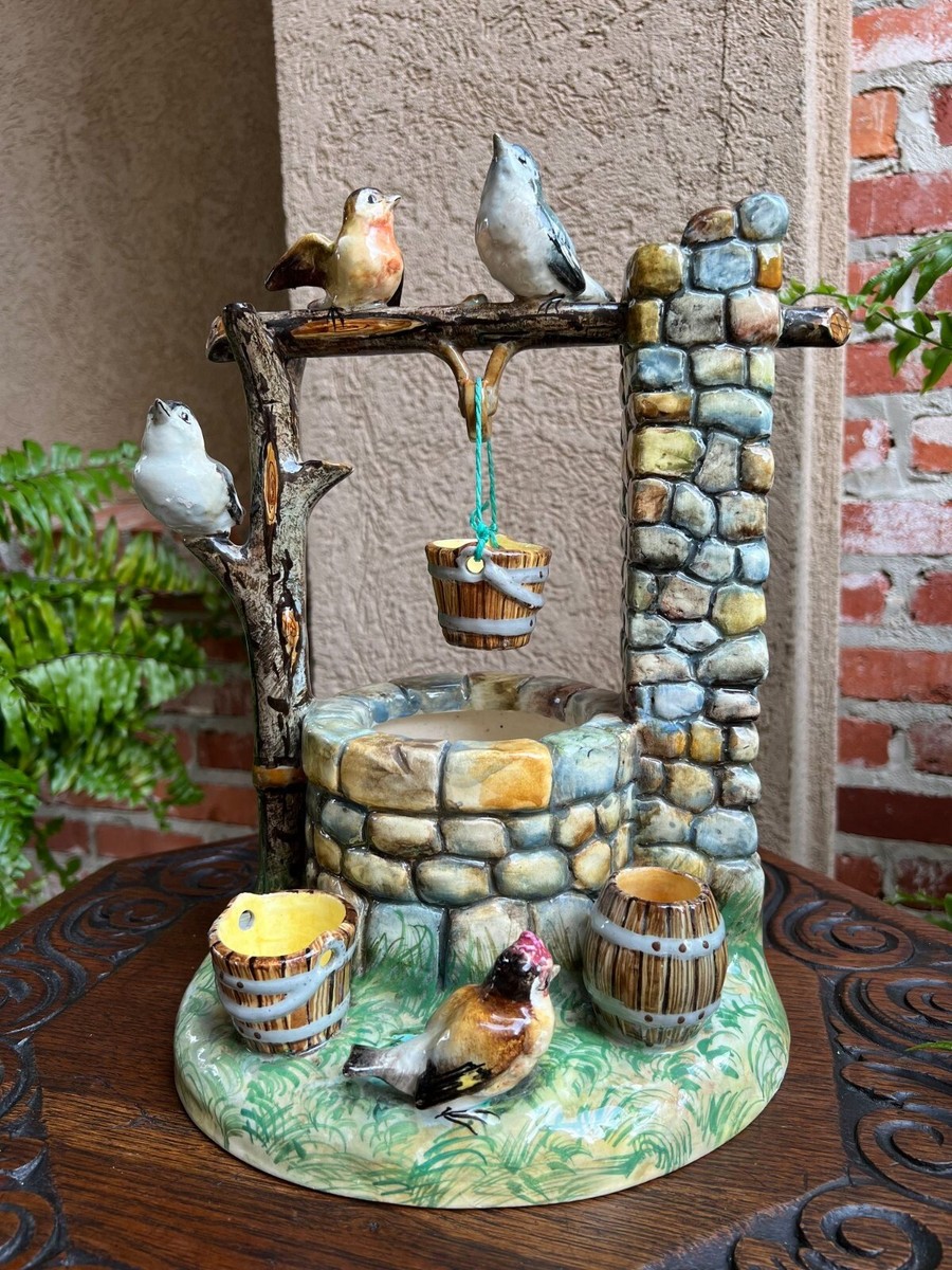Antique French Majolica Bird Wishing Well Flower Holder Cache Pot