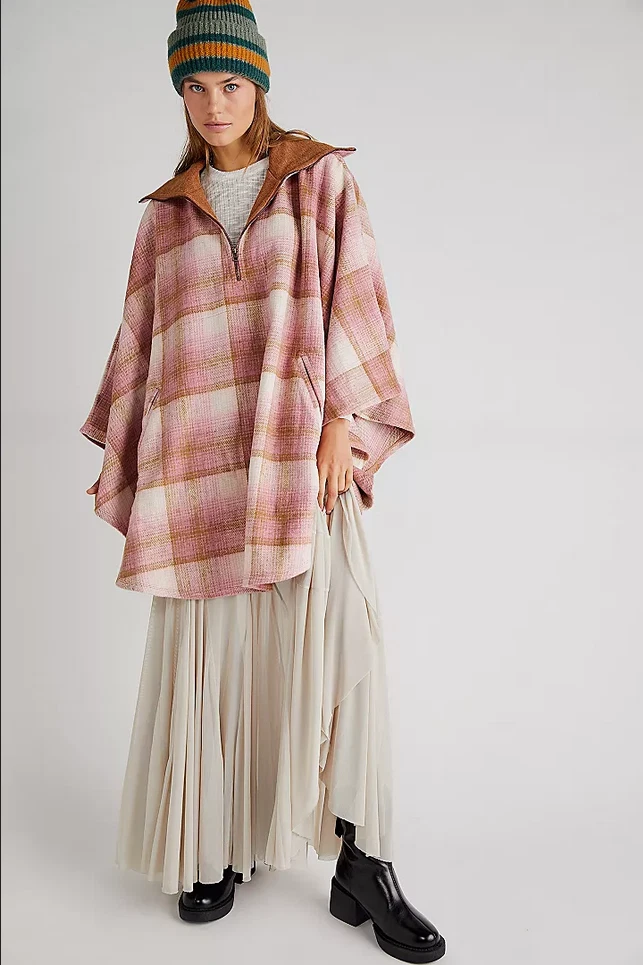 NEW FREE PEOPLE PINK WOODSTOCK BRUSHED PLAID PONCHO CAPE JACKET ONE SIZE