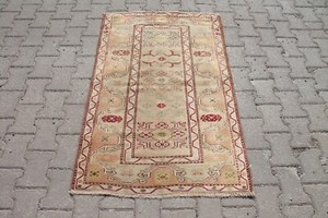 2x4 ft Vintage Handmade Turkish Rug in Beige, Red Oriental Decor for Living Room