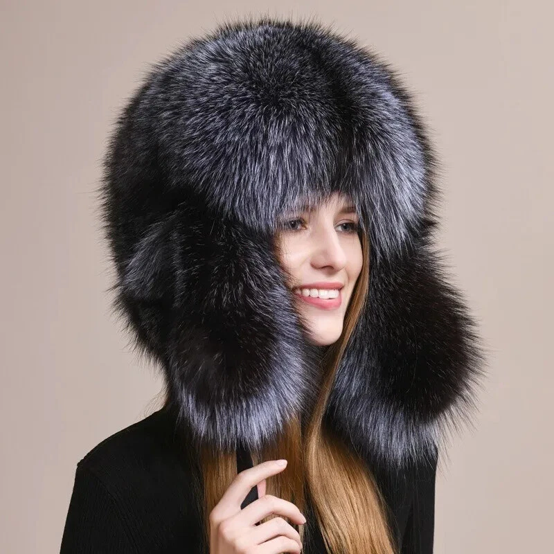 Floral Plaid Women\'s Trapper Hat Embroidered Flowers Real Fur One of a Kind Women main image 3