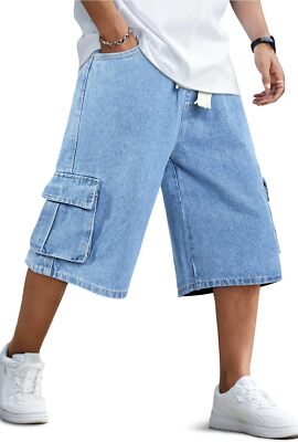 Mens Baggy Cargo Denim Shorts Elastic Waist 15 Inch Inseam Summer