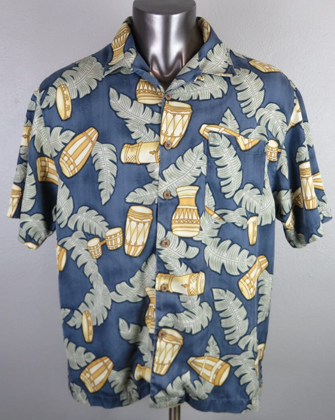 Mens Tommy Bahama Short Sleeve Button Front Hawaiian Shirt L Silk Blue Drums