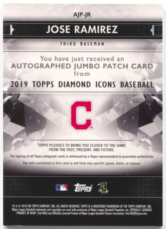 2019 Topps Diamond Icons Jose Ramirez Autograph 3 Clr Jumbo Logo Patch Auto #/5 - Image 2 of 4