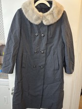 Vintage Fur Collar Gray Wool Button Mid Length Coat Union Tag 50 s 60 s Size M L